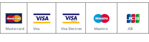 Mastercard     Visa     Visa Electron     Maestro     JCB